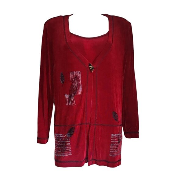 Piccalinio Woman Top Womens Plus Size 2X Red 3/4 Sleeve Layered Look Acetate - Picture 1 of 6